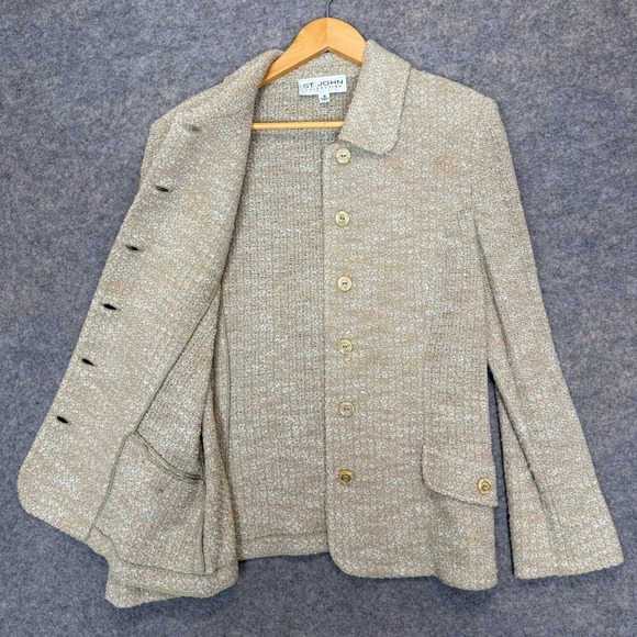 St. John Collection Tweed Knit Jacket Womens 14 Button Peter Pan Collar Flap USA - Picture 13 of 14